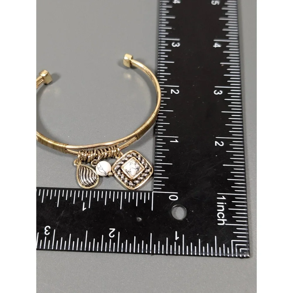 Two Tone Cable Cuff Bracelet Gold Silver Square‎ Charm Small 6 in Minimalist